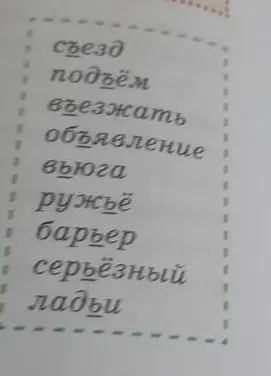 Составь и запиши предложения с 3-4 словами, данными в рамке. Обозначь изучаемую орфограмму, используя слова: съезд.
