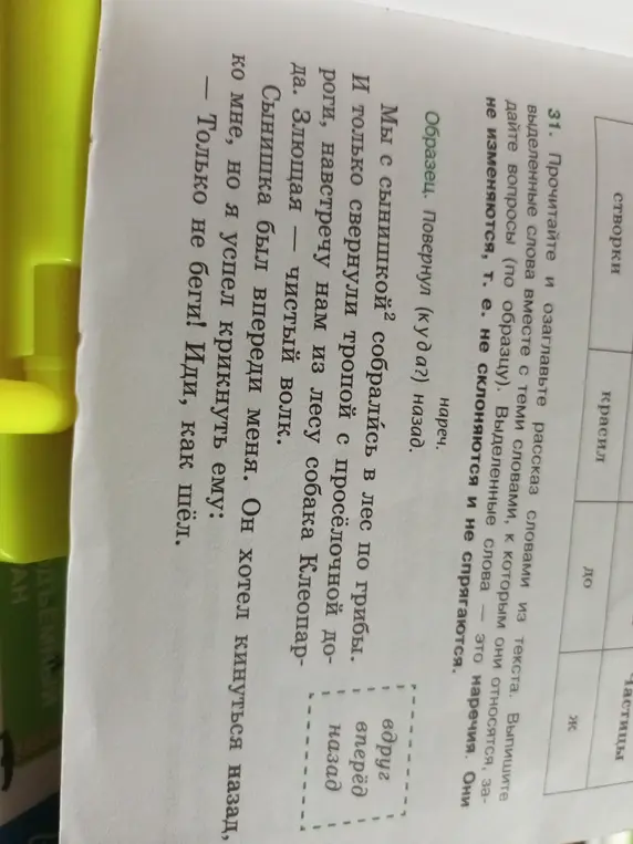 Выпиши выделенные слова из текста вместе с теми словами, к которым они относятся и задай вопросы по образцу 'Повернул (куда?) назад'