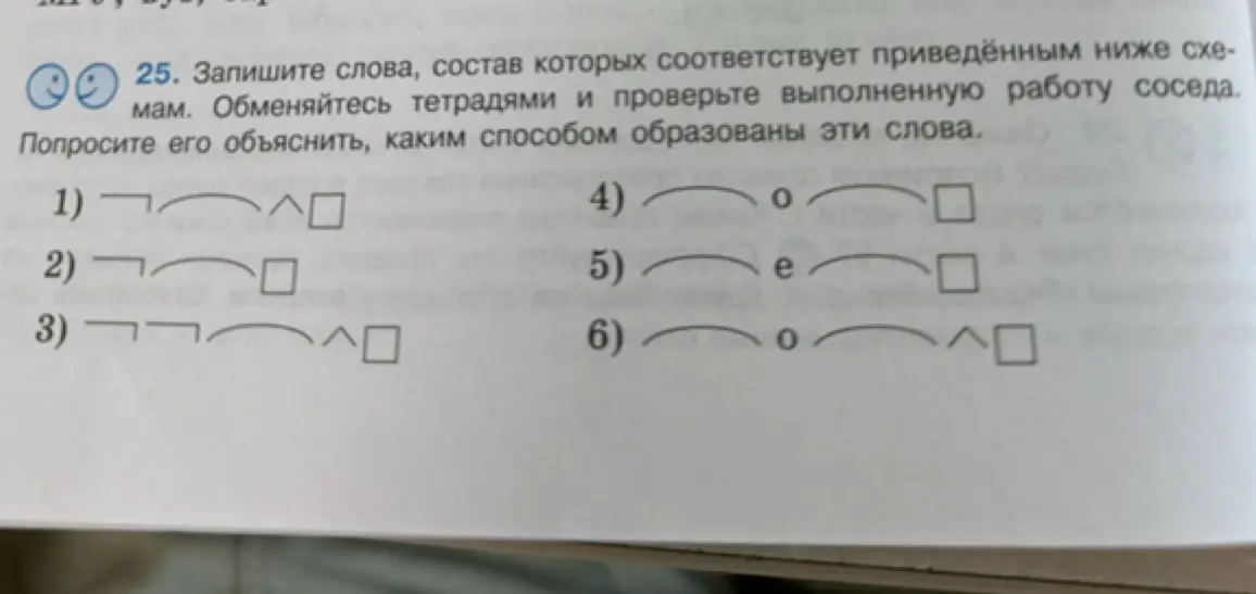 Составь слова, состав которых соответствует приведённым ниже схемам в задании 25 под цифрой 1