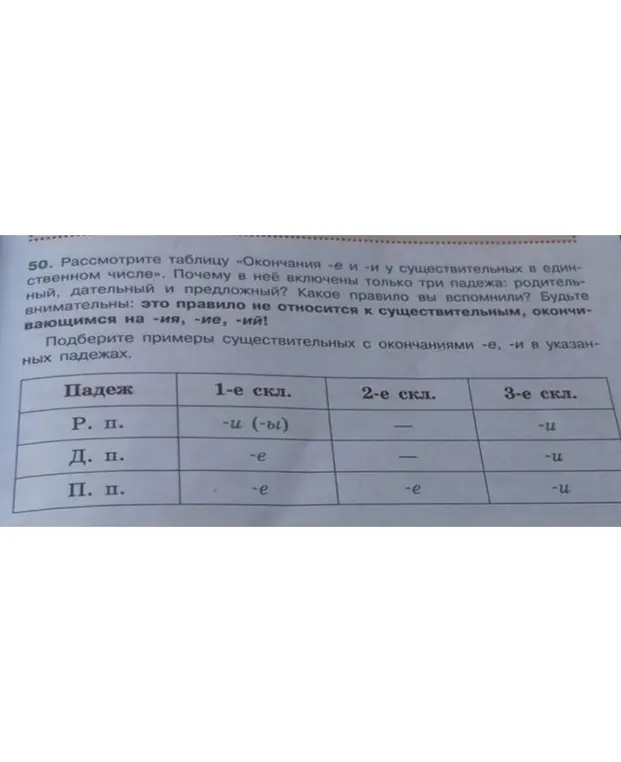 Подбери примеры существительных с окончаниями -е, -и в указанных падежах
