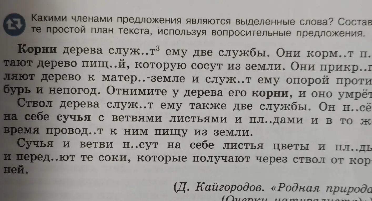 Определи, какими членами предложения являются выделенные слова в тексте и составь простой план текста, используя вопросительные предложения.