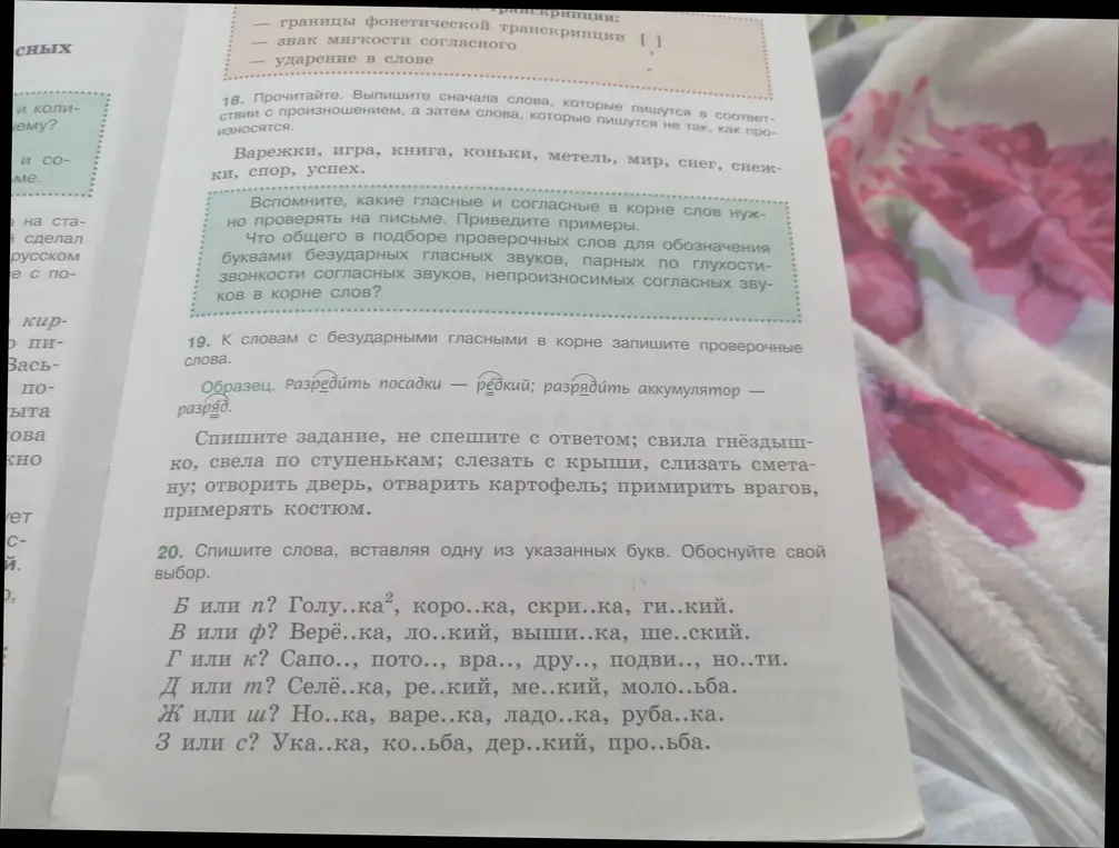 Выполни задание: спиши слова, вставляя одну из указанных букв в задании 20