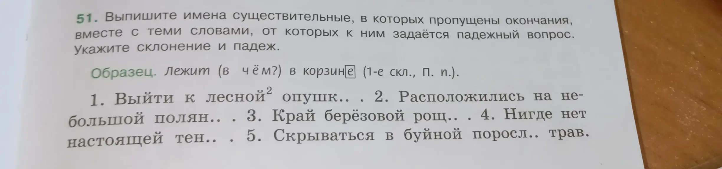 Помоги выписать имена существительные, в которых пропущены окончания, вместе с теми словами, от которых к ним задаётся падежный вопрос и указать склонение и падеж в предложении: 'Выйти к лесной опушк.'