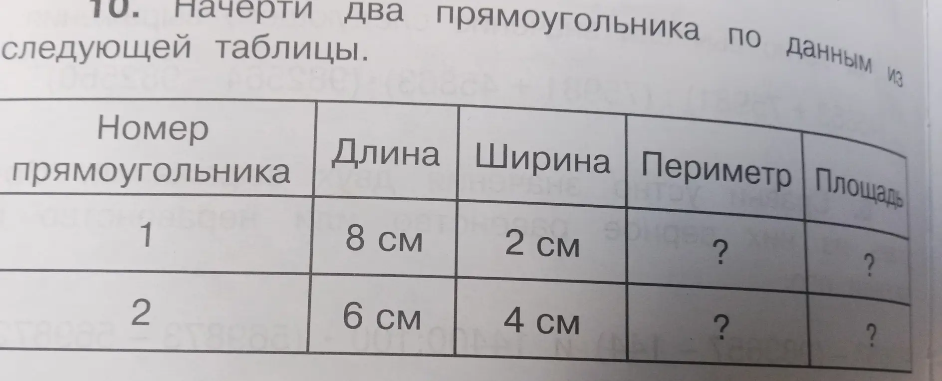 Вычисли площадь и периметр прямоугольника №1, если известна его длина и ширина