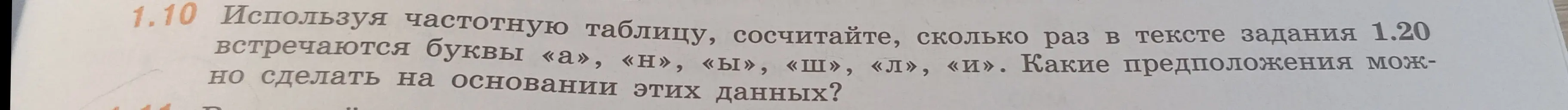 Ты просишь сосчитать, сколько раз в тексте задания 1.20 встречаются буквы «а», «н», «ы», «ш», «л», «и».