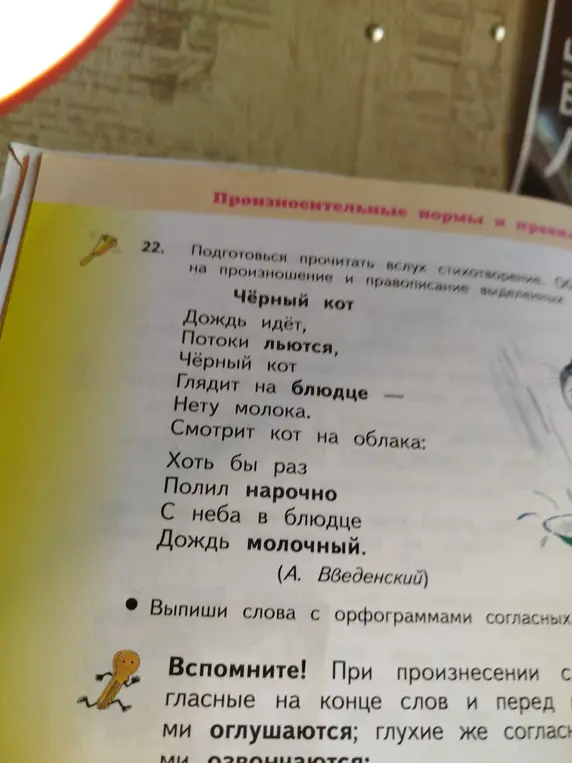 Выпиши слова с орфограммами согласных из стихотворения 'Чёрный кот'.