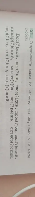Сгруппируй слова по наличию или отсутствию ь на месте скобок.
