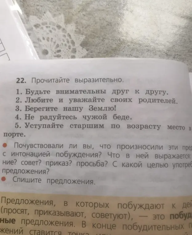 Ты просишь списать предложения из упражнения 22 и определить, что выражается в них с интонацией побуждения.