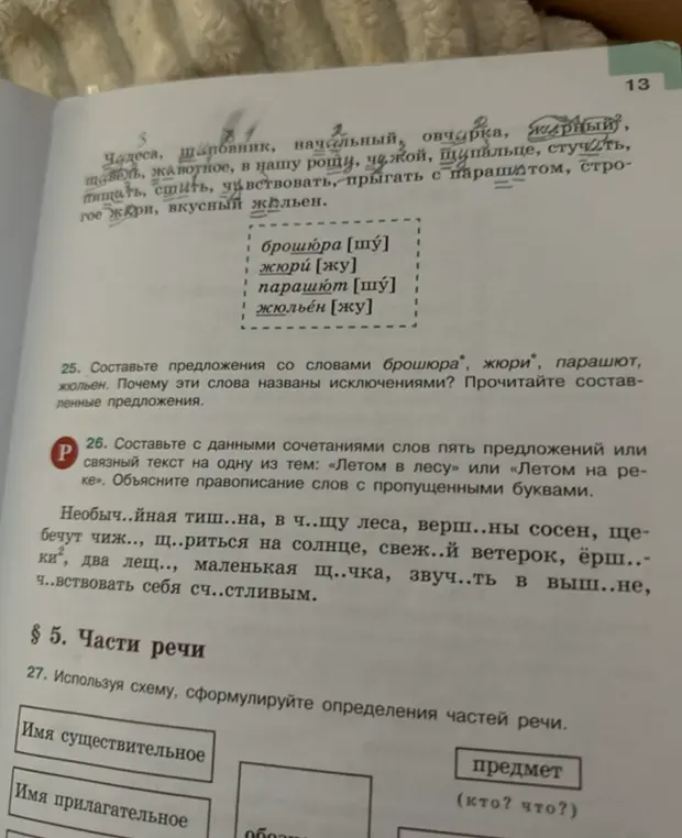 Ты просишь составить предложения со словами "брошюра", "жюри", "парашют", "жюльен", объяснить, почему это исключения, составить текст про лето, вставить пропущенные буквы и дать определения частям речи.