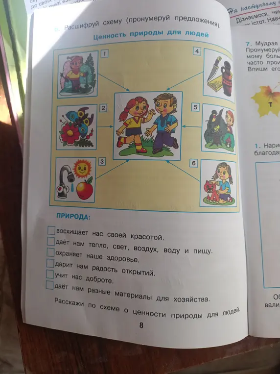 Помоги мне расшифровать схему (пронумеровать предложения) в рабочей тетради по окружающему миру за 3 класс.