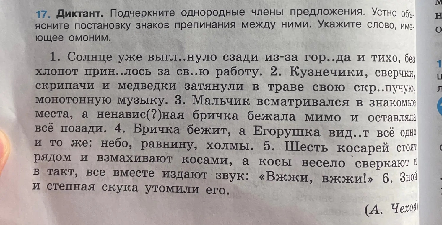 Подчеркни однородные члены предложения в диктанте и укажи слово, имеющее омоним