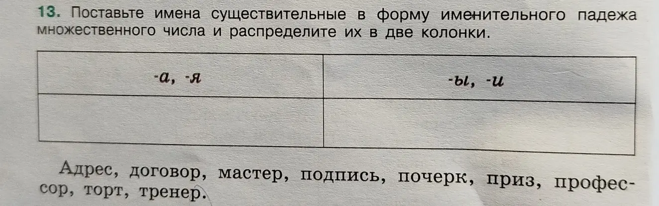 Ты просишь поставить имена существительные в форму именительного падежа множественного числа и распределить их в две колонки.