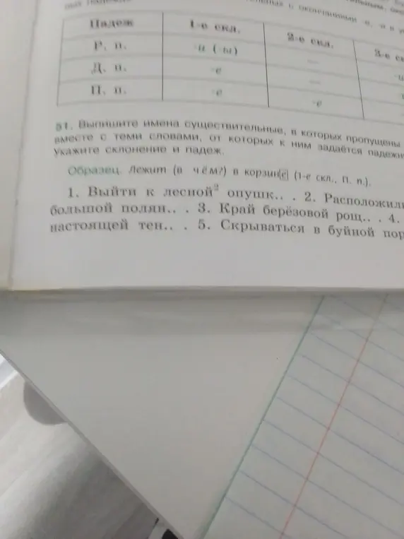 Выпиши имена существительные, в которых пропущены буквы, вместе с теми словами, от которых к ним задается падеж. Укажи склонение и падеж в предложении "Выйти к лесной опушк.."