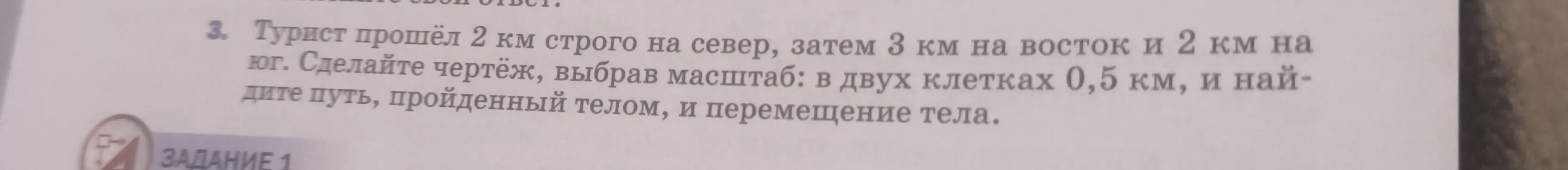 Объясни, как найти путь, пройденный телом, и перемещение тела, если турист прошёл 2 км строго на север, затем 3 км на восток и 2 км на юг. Нужно сделать чертёж, выбрав масштаб: в двух клетках 0,5 км.