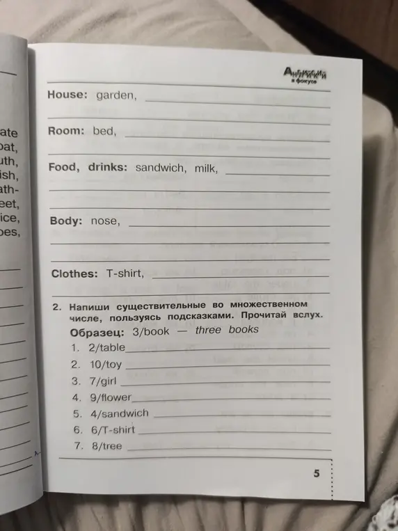 Напиши существительные во множественном числе, пользуясь подсказками. Пример: 2/table