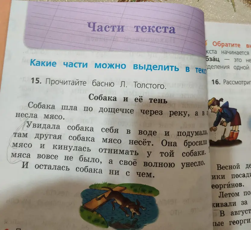 Какие части можно выделить в тексте басни Л. Толстого «Собака и её тень»?