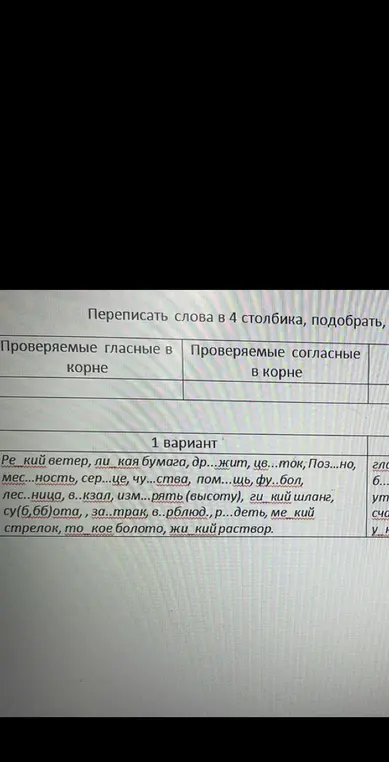 Заполни пропуски в словах 1 варианта в столбиках «Проверяемые гласные в корне» и «Проверяемые согласные в корне»