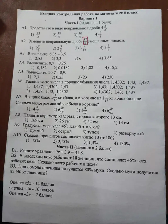 Помоги мне решить задачи по математике из контрольной работы: A1, A2, A3, A4, A5, A6, A7, A8, A9, A10, B1, B2, B3.