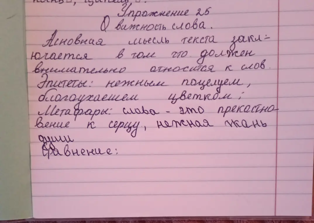 Проанализируй текст из упражнения 25: определи основную мысль, эпитеты и метафоры