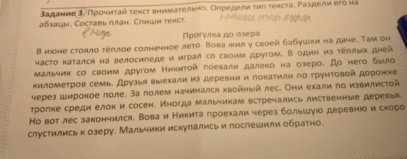 Помоги определить тип текста, разделить его на абзацы и составить план к тексту 'Прогулка до озера'.