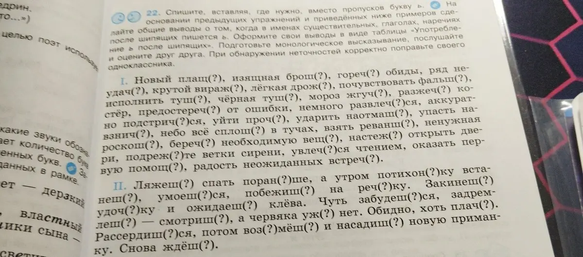 Вставь, где нужно, вместо пропусков букву ь в словах после шипящих в упражнении 22