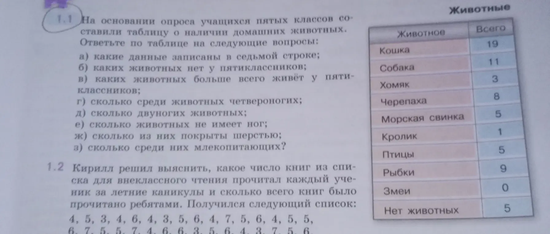 На основании таблицы о домашних животных, какие данные записаны в седьмой строке?
