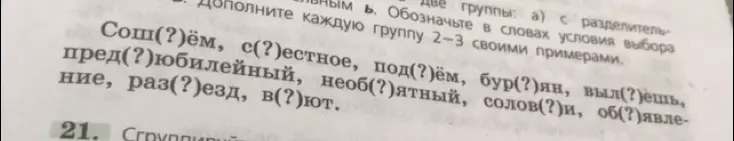 Раздели слова: Сош(?)ём, с(?)естное, под(?)ём и другие на две группы: а) с разделительным ь; b) с разделительным ъ