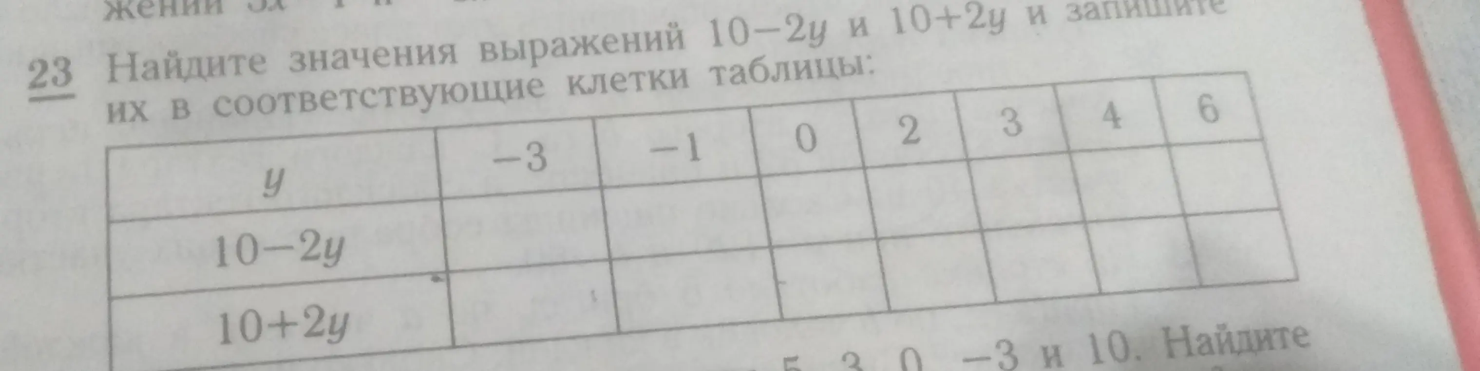 Помоги мне найти значения выражений 10-2у и 10+2у и запиши их в соответствующие клетки таблицы