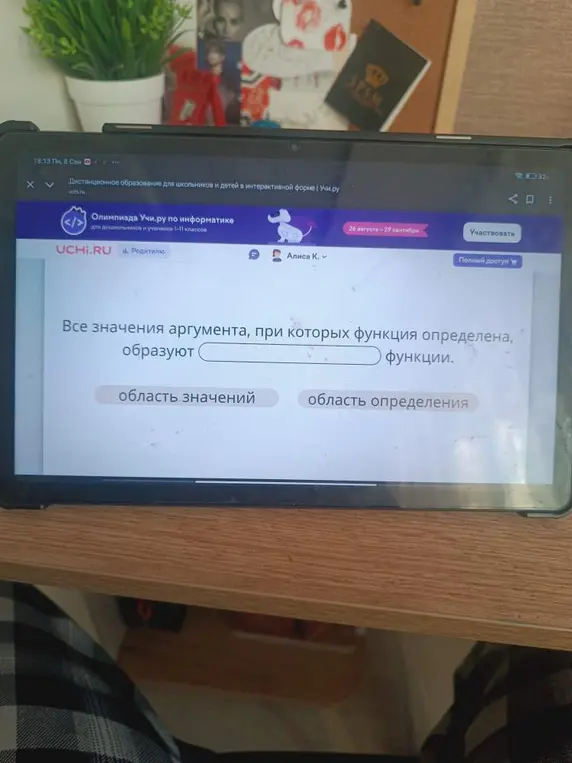 Выбери правильный ответ на вопрос: "Все значения аргумента, при которых функция определена, образуют ... функции"