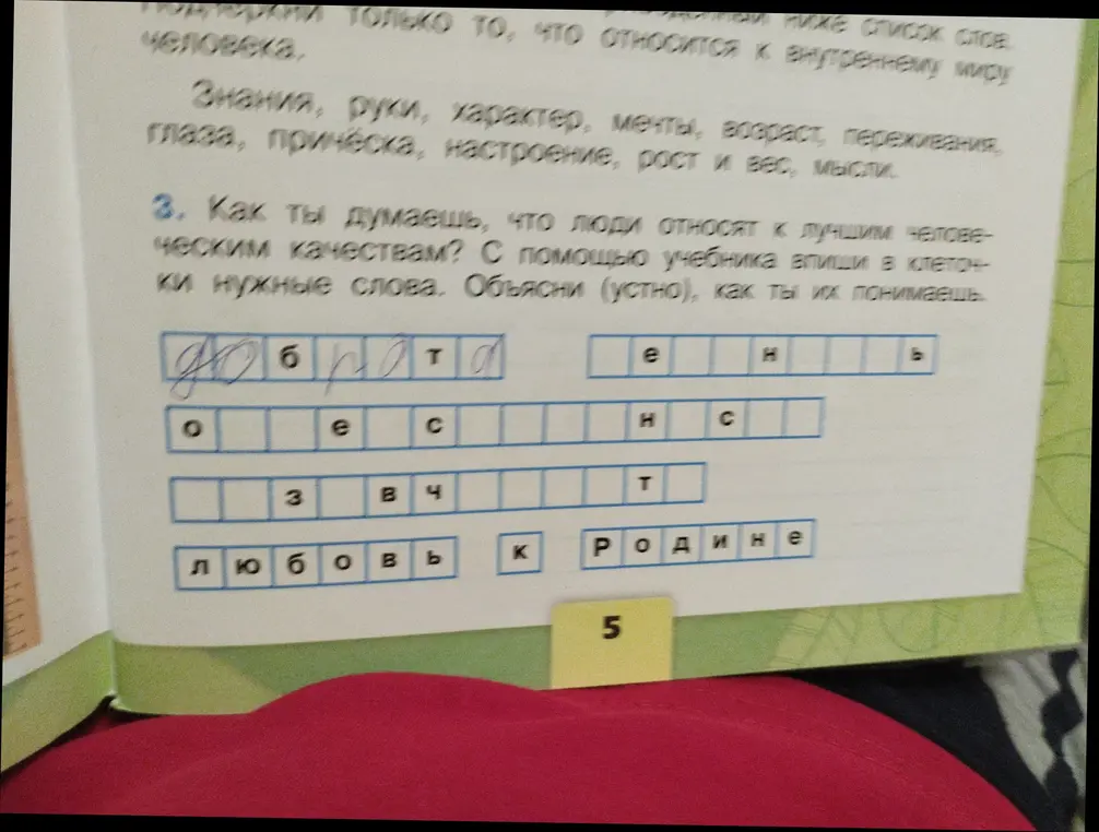 Как ты думаешь, что люди относят к лучшим человеческим качествам? С помощью учебника впиши в клеточки нужные слова.
