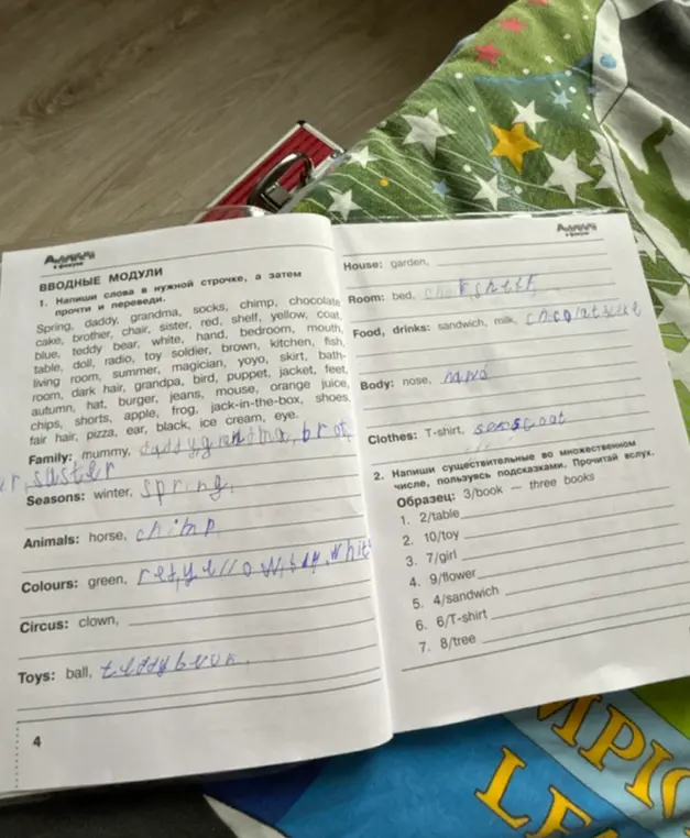 Помоги написать слова в нужной строчке, а затем прочти и переведи. Напиши существительные во множественном числе, пользуясь подсказками.