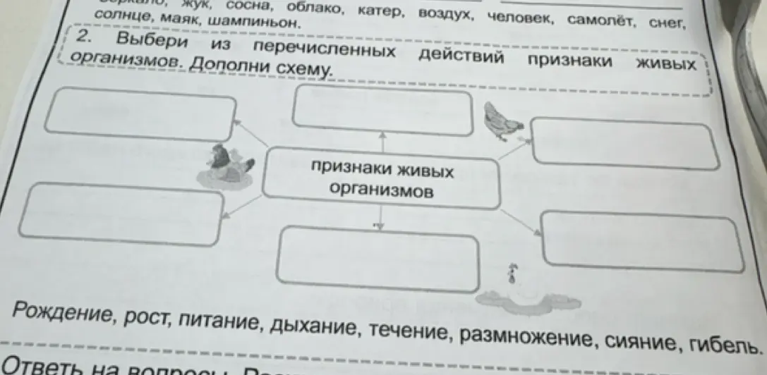 Помоги заполнить схему о признаках живых организмов