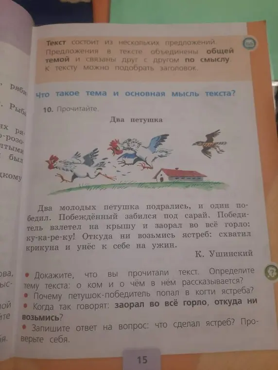 Ты просишь доказать, что прочитал текст, определить тему текста, ответить на вопросы по тексту «Два петушка».