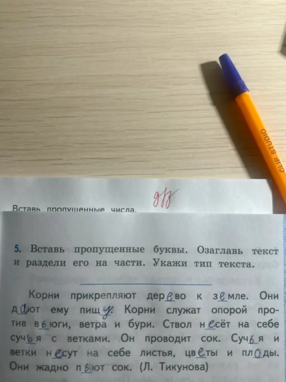 Вставь пропущенные буквы в тексте, озаглавь текст и раздели его на части, укажи тип текста