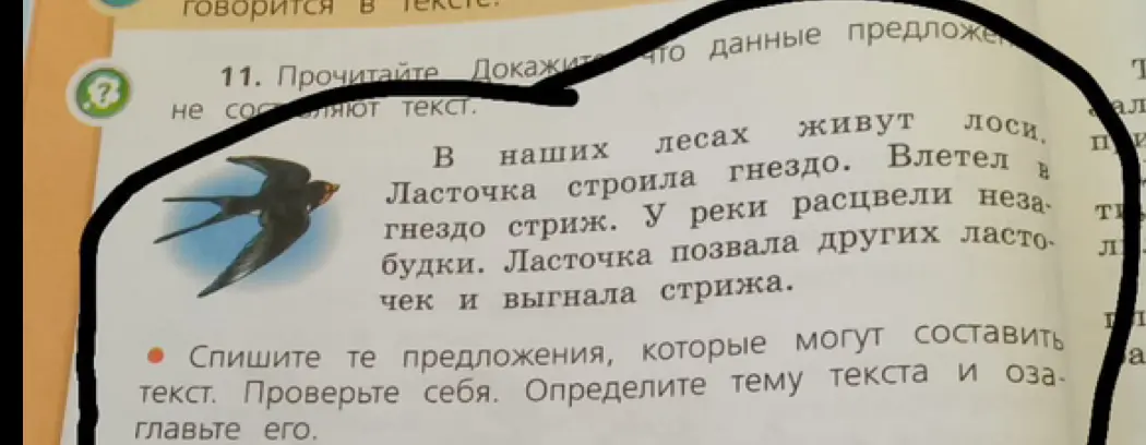 Составь текст из предложений: 'Ласточка строила гнездо', 'В гнездо влетел стриж' и т.д. Определи тему текста и озаглавь его.