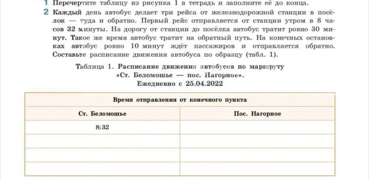 Составь расписание движения автобуса по образцу (табл. 1)
