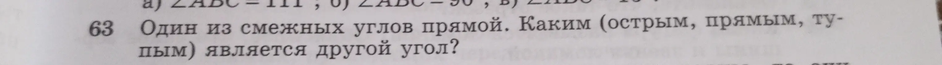Один из смежных углов прямой. Каким (острым, прямым, тупым) является другой угол?