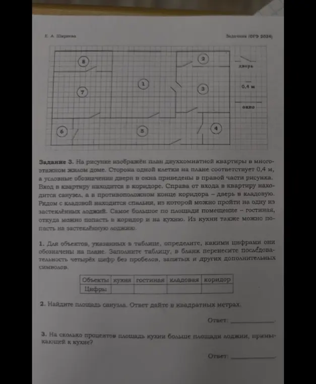 Ты просишь определить объекты на плане квартиры, найти площадь санузла и вычислить, на сколько процентов площадь кухни больше площади лоджии.