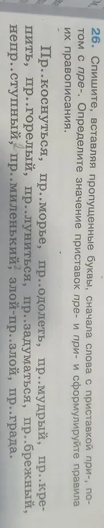 Помоги вставить пропущенные буквы в слова с приставками при- и пре- и определить значение этих приставок в словах из упражнения.
