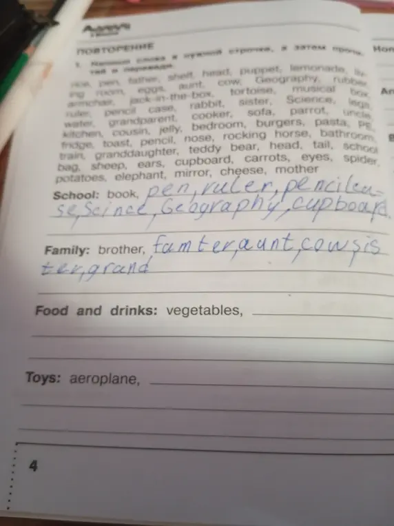 Помоги распределить слова по категориям: школа, семья, еда и напитки, игрушки