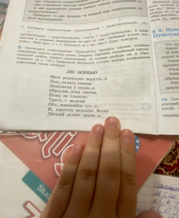 Проанализируй стихотворения «Лес осенью» и А. Твардовского: сделай синтаксический разбор, укажи нераспространенное предложение и определи виды орфограмм в корнях слов с пропусками.