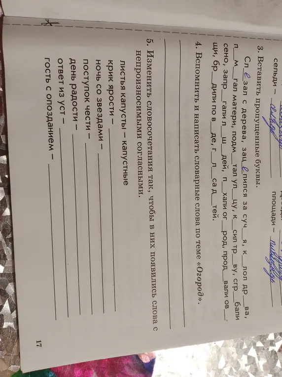 Помоги вставить пропущенные буквы, написать словарные слова и изменить словосочетания.