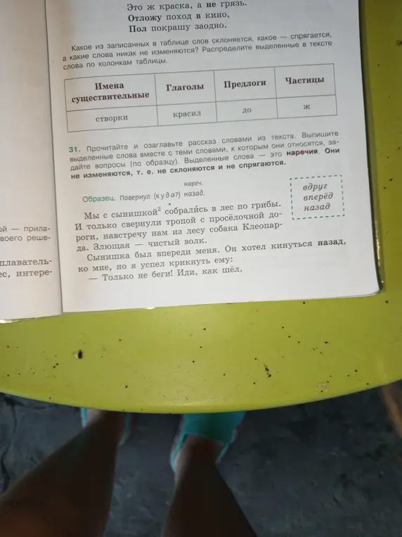 Ты просишь меня выполнить упражнение 31: Прочитать рассказ и озаглавить словами из текста, выписать выделенные слова вместе с теми словами, к которым они относятся, задать вопросы (по образцу).