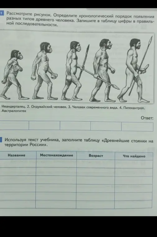 Объясни, как определить хронологический порядок появления разных типов древнего человека и заполнить таблицу «Древнейшие стоянки на территории России»