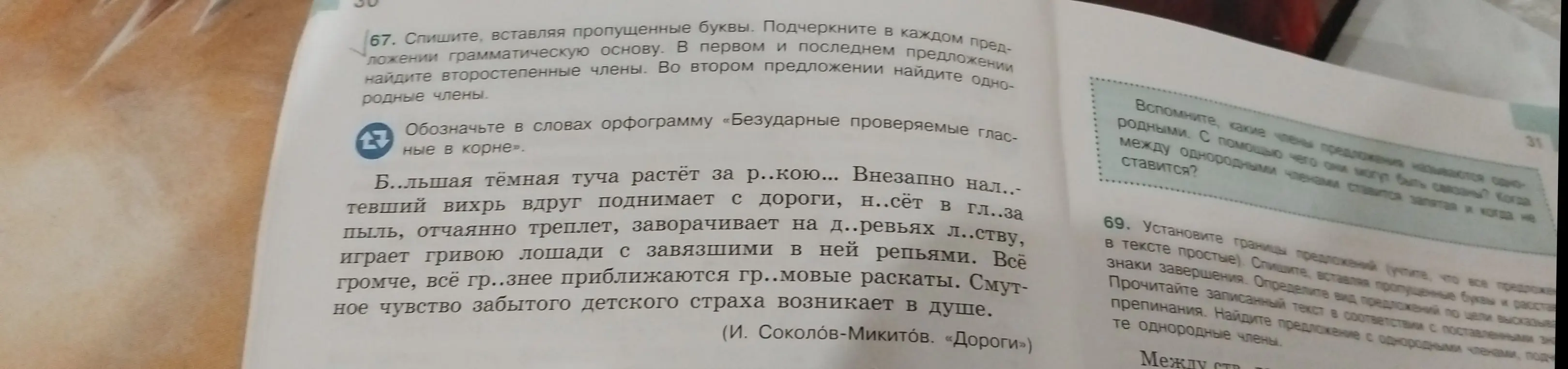 Помоги с заданием 67: спиши текст, вставляя пропущенные буквы, подчеркни грамматическую основу, найди второстепенные и однородные члены