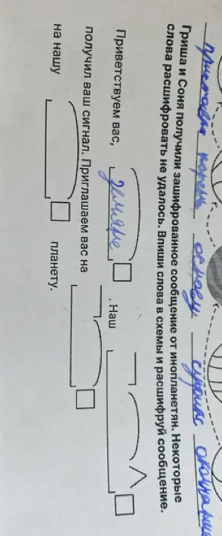 Расшифруй сообщение, вписав слова в схему