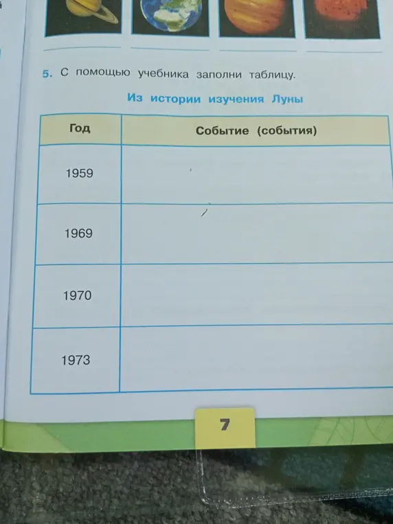 Можешь ли ты помочь мне заполнить таблицу про историю изучения Луны?