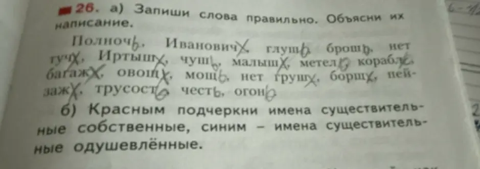 Ты просишь записать слова правильно и объяснить их написание, а затем красным подчеркнуть имена существительные собственные, синим – имена существительные одушевлённые.