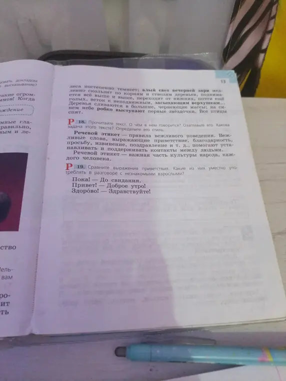 Выполни задание 18 и 19: Прочитай текст о речевом этикете и сравни выражения приветствия.