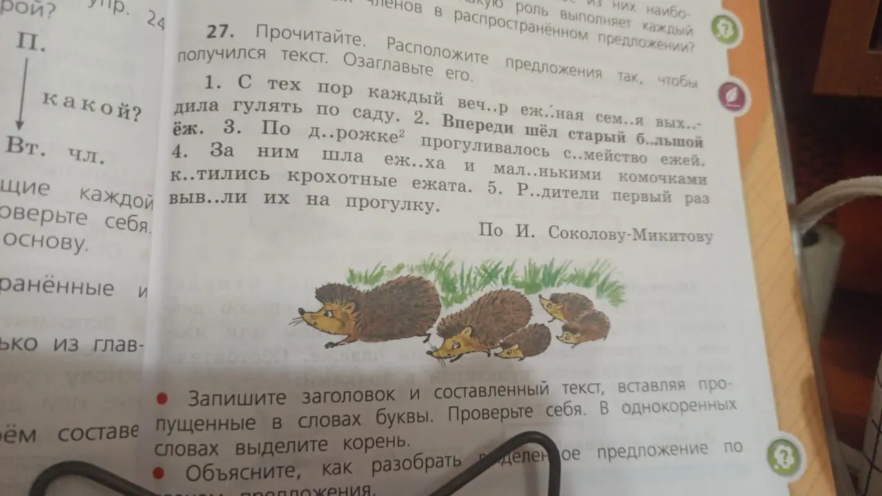 Можешь ли ты вставить пропущенные буквы в словах, выделить корень и разобрать предложение «По дорожке прогуливалось семейство ежей»?